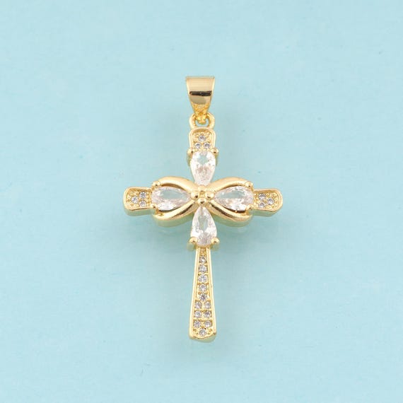 Gold CZ Cross Charms,Religious Jewelry,Christian Pendant for DIY Jewelry Making,18K Gold