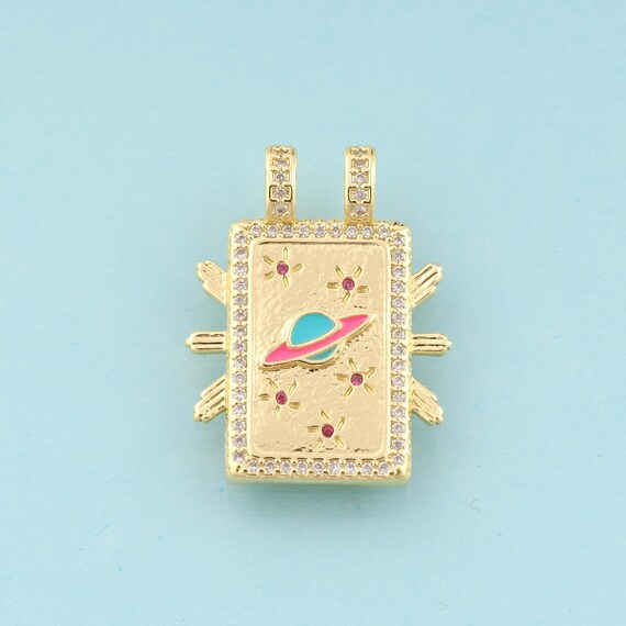 Gold CZ Saturn Charms,Star Jewelry,Enamel Square Pendant for DIY Jewelry Making,18K Gold