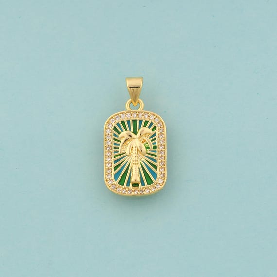 Gold CZ Coconut Tree Charms,Palm Tree Jewelry,Enamel Square Pendant for DIY Jewelry Making,18K Gold