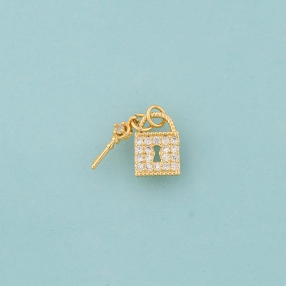 Gold CZ Lock Charms,Key Jewelry,Lock Pendant for DIY Jewelry Making,18K Gold