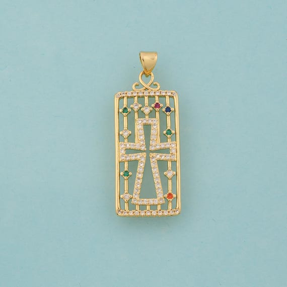 Gold CZ Cross Charms,Square Jewelry,Christian Pendant for DIY Jewelry Making,18K Gold