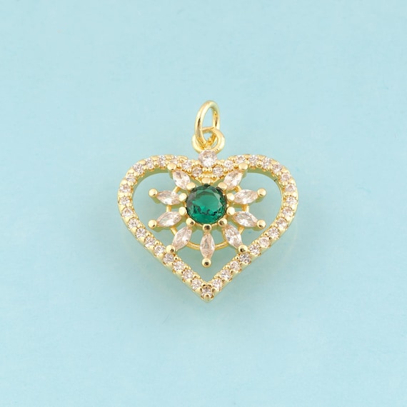 Gold CZ Heart Charms,Flower Jewelry,Heart Pendant for DIY Jewelry Making,18K Gold