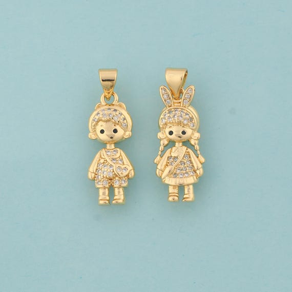 Gold CZ Character Charms,Boy Jewelry,Girl Pendant for DIY Jewelry Making,18K Gold