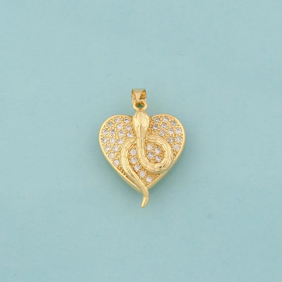 Gold Snake Charms,Animal Jewelry,CZ Heart Pendant for DIY Jewelry Making,18K Gold