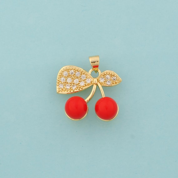 Gold Enamel Cherry Charms,Fruit Jewelry,CZ Cherry Pendant for DIY Jewelry Making,18K Gold