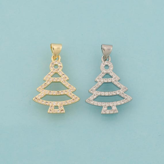 Gold CZ Christmas Tree Charms,Christmas Jewelry,Christmas Tree Pendant for DIY Jewelry Making,18K Gold