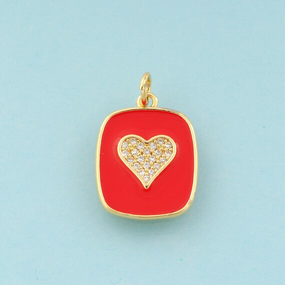 Gold CZ Heart Charms,Square Jewelry,Enamel Heart Pendant for DIY Jewelry Making,18K Gold