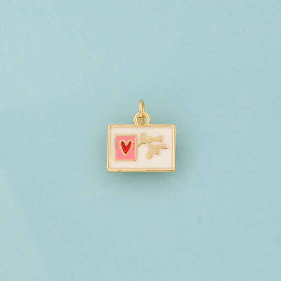 Gold Enamel Heart Charms,Sqare Jewelry,Postcard Pendant for DIY Jewelry Making,18K Gold