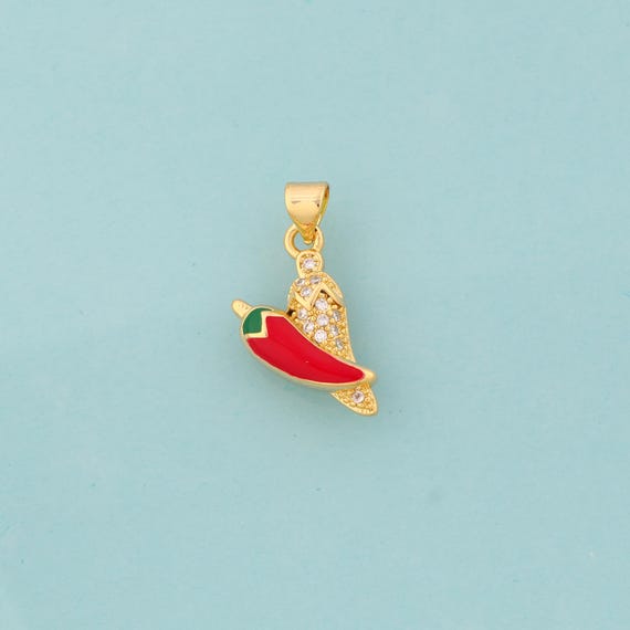 Gold Enamel Chili Charms,CZ Chili Jewelry,Chili Pendant for DIY Jewelry Making,18K Gold