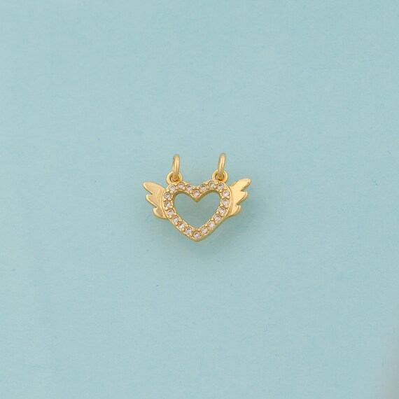 Gold CZ Heart Charms,Love Jewelry,Angel Wings Pendant for DIY Jewelry Making,18K Gold