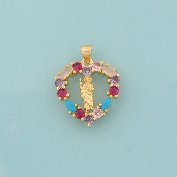 Gold CZ St.Juda Charms,Heart Jewelry,Saint Jude Pendant for DIY Jewelry Making,18K Gold