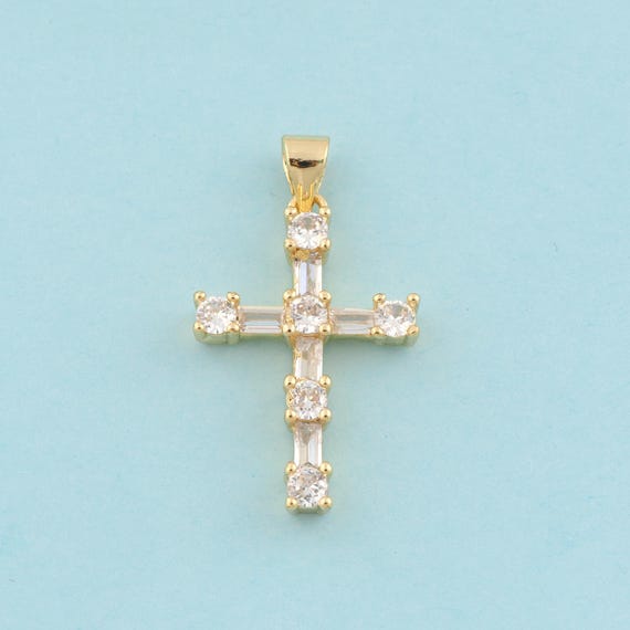 Gold CZ Cross Charms,Religion Jewelry,Christian Pendant for DIY Jewelry Making,18K Gold
