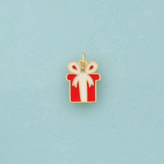 Gold Enamel Gift Box Charms,Bow Jewelry,Gift Box Pendant for DIY Jewelry Making,18K Gold