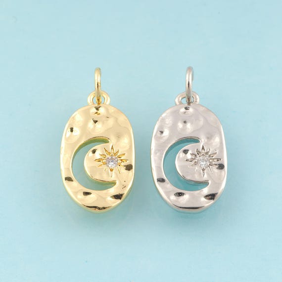 Gold CZ Moon Charms,Star Jewelry,Celestial Pendant for DIY Jewelry Making,18K Gold & Rhodium