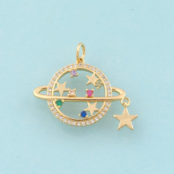 Gold CZ Saturn Charms,Star Jewelry,Star Pendant for DIY Jewelry Making,18K Gold