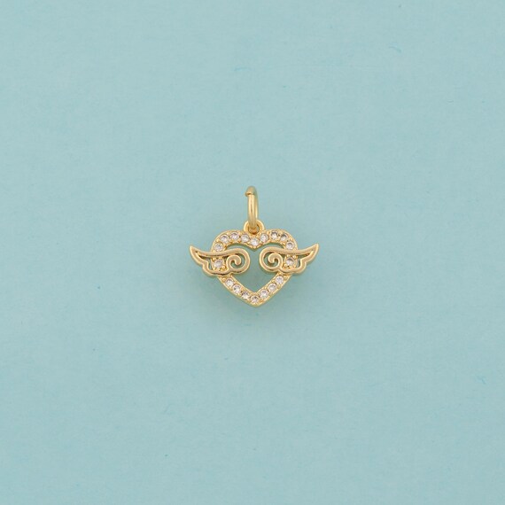 Gold CZ Heart Charms,Love Jewelry,Angel Wings Pendant for DIY Jewelry Making,18K Gold