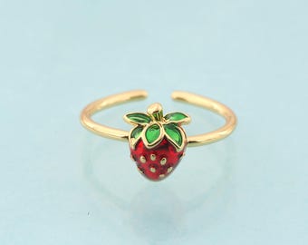 Gold Enamel Open Rings,Strawberry Jewelry Rings,Thin Rings Perfect Gift,18K Gold