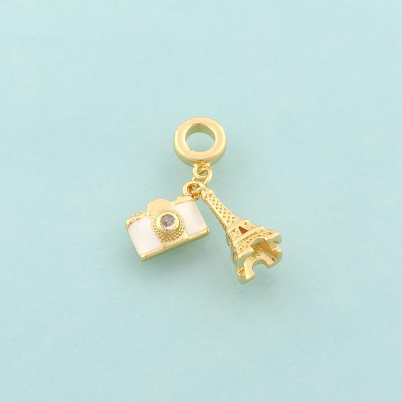 Gold CZ Eiffel Tower Charms,Camera Jewelry,Enamel France Paris Pendant for DIY Jewelry Making,18K Gold