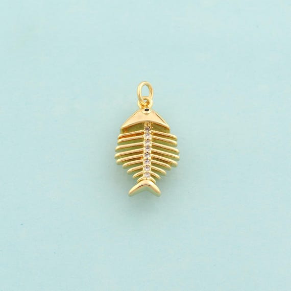 Gold CZ Fishbone Charms,Fishbone Jewelry,Fishbone Pendant for DIY Jewelry Making,18K Gold