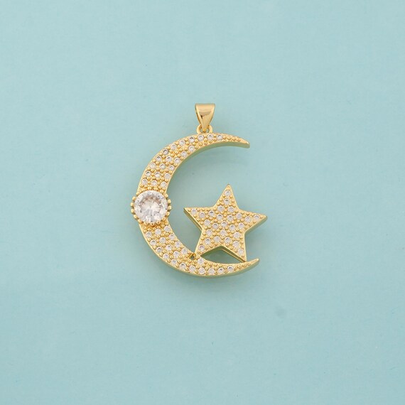 Gold CZ Moon Charms,Star Jewelry,Celestial Pendant for DIY Jewelry Making,18K Gold
