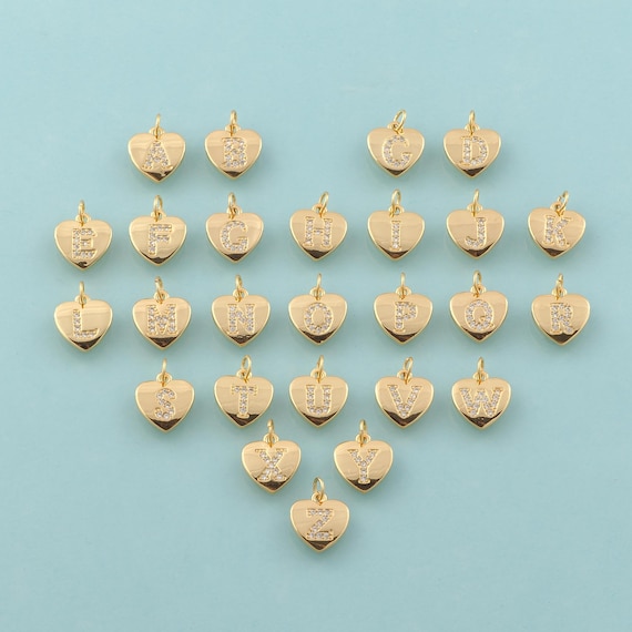 Gold CZ Heart Letter Charms,Initial Jewelry,Letter Pendant for DIY Jewelry Making,18K Gold