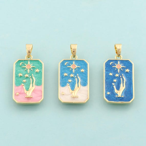 Gold Sun Moon Star Charms,Celestial Jewelry,Enamel Hand Pendant for DIY Jewelry Making,18K Gold