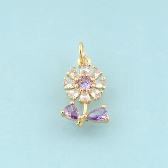 Gold CZ Flower Charms,Plant Jewelry,Flower Pendant for DIY Jewelry Making,18K Gold