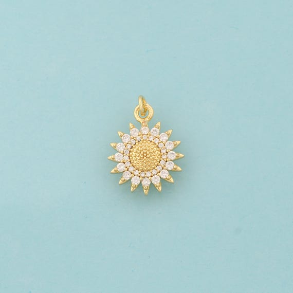 Gold CZ Sunflower Charms,Sun Flower Jewelry,Sunflower Pendant for DIY Jewelry Making,18K Gold