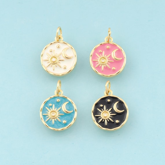 Gold Enamel Moon Charms,Sun Jewelry,Round Pendant for DIY Jewelry Making,18K Gold