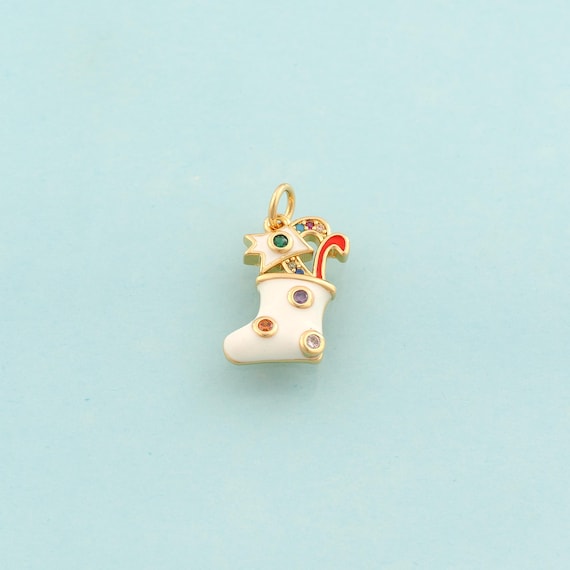 Gold CZ Christmas Stocking Charms,Christmas Jewelry,Enamel Stocking Pendant for DIY Jewelry Making,18K Gold