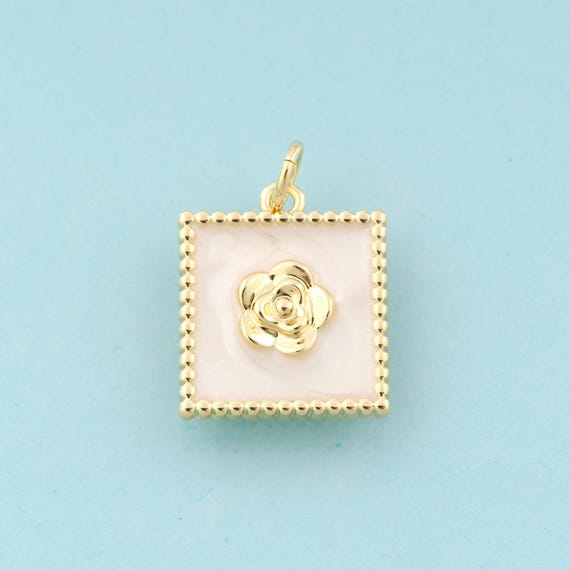 Gold Enamel Flower Charms,Square Jewelry,Plant Pendant for DIY Jewelry Making,18K Gold