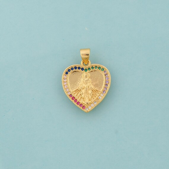 Gold CZ Virgin Mary Charms,Heart Jewelry,Catholic Pendant for DIY Jewelry Making,18K Gold