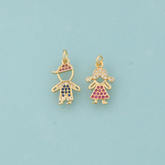 Gold CZ Character Charms,Boy Jewelry,Girl Pendant for DIY Jewelry Making,18K Gold