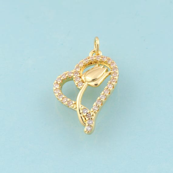 Gold CZ Heart Charms,Flower Jewelry,Heart Pendant for DIY Jewelry Making,18K Gold