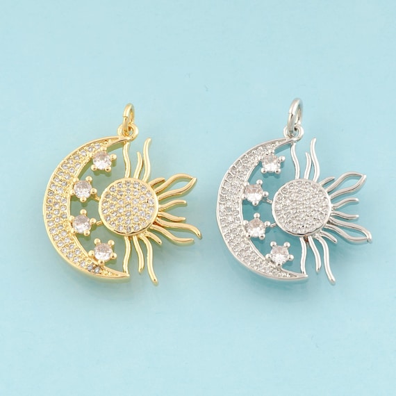 Gold CZ Moon Charms,Sun Jewelry,Celestial Pendant for DIY Jewelry Making,18K Gold & Rhodium