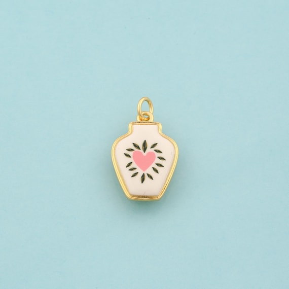 Gold Vase Charms,Heart Jewelry,Enamel Vase Pendant for DIY Jewelry Making,18K Gold