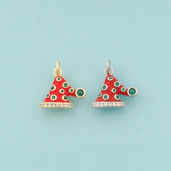 Gold CZ Christmas Hat Charms,Christmas Jewelry,Enamel Christmas Hat Pendant for DIY Jewelry Making,18K Gold