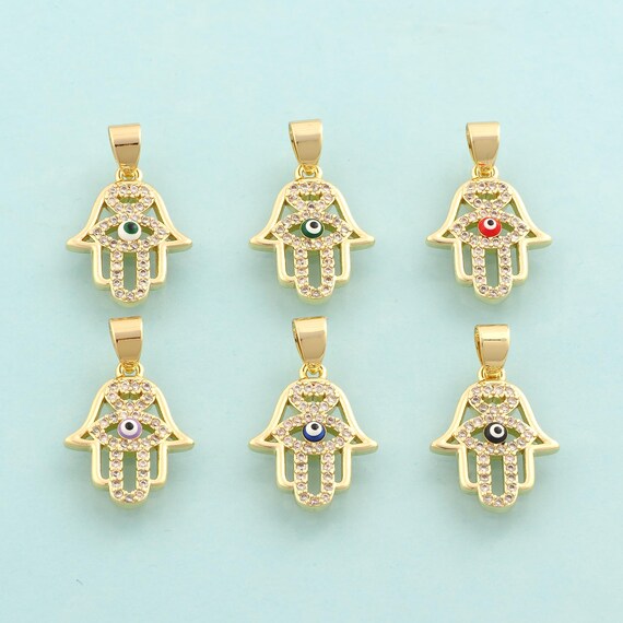 Gold CZ Hamsa Charms,Evil Eye Jewelry,Enamel Fatima Pendant for DIY Jewelry Making,18K Gold