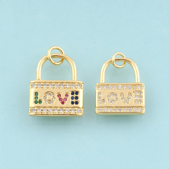 Gold CZ LOVE Charms,Lock Jewelry,Lock Pendant for DIY Jewelry Making,18K Gold