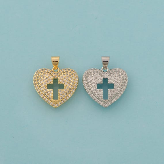 Gold CZ Heart Charms,Love Jewelry,Cross Pendant for DIY Jewelry Making,18K Gold