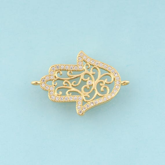 Gold CZ Hamsa Connector,Fatima Jewelry Connector,Flower Connector for DIY Jewelry Making,18K Gold