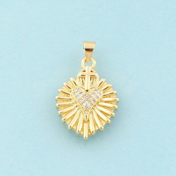 Gold CZ Holy Heart Charms,Heart Jewelry,Heart Pendant for DIY Jewelry Making,18K Gold