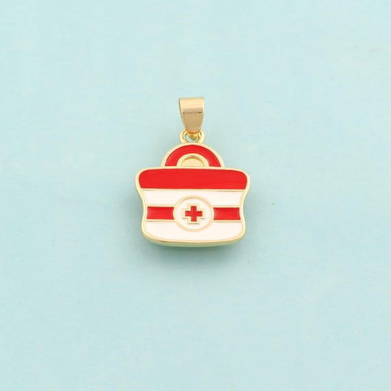 Gold Enamel First Aid Kit Charms,Medical Jewelry,First Aid Kit Pendant for DIY Jewelry Making,18K Gold