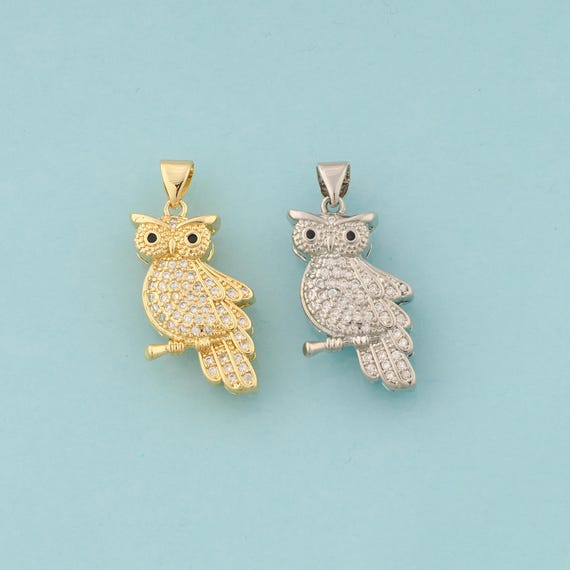 Gold CZ Owl Charms,Animal Jewelry,Owl Pendant for DIY Jewelry Making,18K Gold