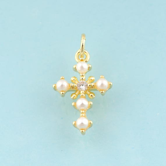 Gold CZ Cross Charms,Religious Jewelry,Pearl Christian Pendant for DIY Jewelry Making,18K Gold