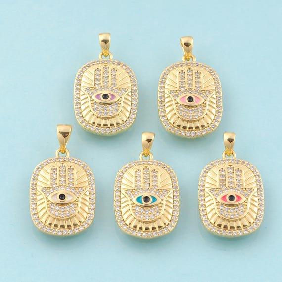 Gold CZ Evil Eye Charms,Fatima Jewelry,Enamel Hamsa Pendant for DIY Jewelry Making,18K Gold
