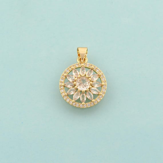 Gold CZ Flower Charms,Round Jewelry,Flower Pendant for DIY Jewelry Making,18K Gold
