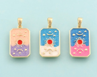 Gold Sun Moon Star Charms,Celestial Jewelry,Enamel Square Pendant for DIY Jewelry Making,18K Gold