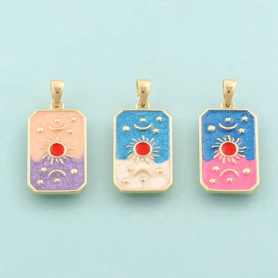 Gold Sun Moon Star Charms,Celestial Jewelry,Enamel Square Pendant for DIY Jewelry Making,18K Gold