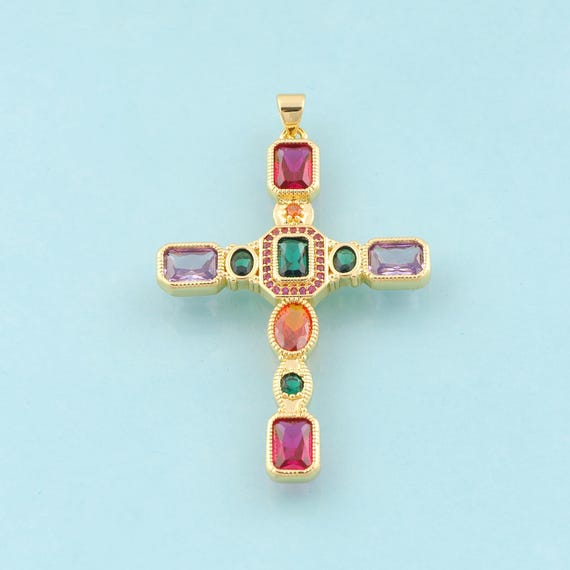 Gold CZ Cross Charms,Religious Jewelry,Christian Pendant for DIY Jewelry Making,18K Gold